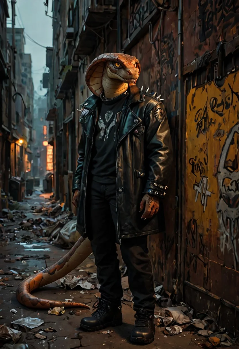score_9, score_8_up, score_7_up, best quality, fine detail, anthropomorphic snake wearing a black leather jacket with studs and spikes, in a cyberpunk alleyway, trash on the ground, vivid colors, dark shadows, highest quality, goonguy
