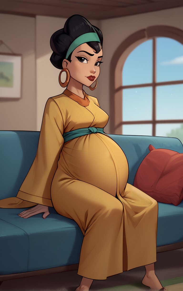score_9, score_8_up, score_7_up, score_6_up, looking at viewer,  BREAK
PregnantOutfit_EmprorerGroove_Chicha_ownwaifu, pregnant,  
1girl, black hair, dark-skinned female, jewelry, black eyes, makeup, lipstick, short hair, headband, hairband, red lips, hair bun, breasts, hoop earrings, single hair bun,
yellow dress, long sleeves, wide sleeves, japanese clothes, belt, orange dress, sash,
(sitting, spread legs), arms behind back, couch, window shade, indoors, <lora:PONYXL_EmprorerGroove_Chicha_ownwaifu:0.95> , depth of field, solo,