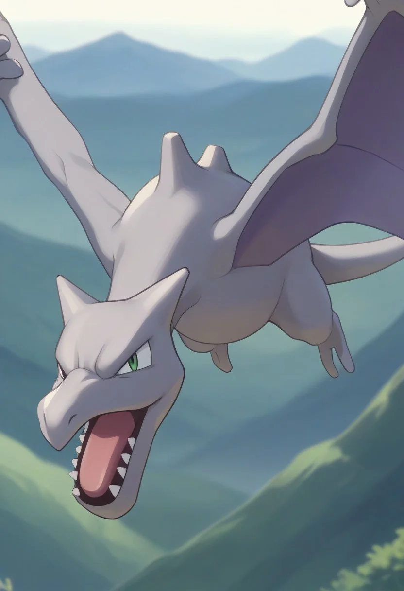 (source_anime, score_9, score_8_up, score_7_up:1), no humans, solo male, aerodactyl, feral, looking at viewer, mouth open, outdoors, mountains, pokemon \(classic anime\), anime screencap