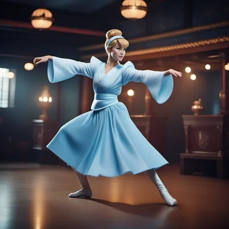 cinematic photo cinematic photo a full body agressive cinderella is a karate fighter in a dojo doing a highkick <lora:Cinderella1024:0.8> . 35mm photograph, film, bokeh, professional, 4k, highly detailed . 35mm photograph, film, bokeh, professional, 4k, highly detailed
