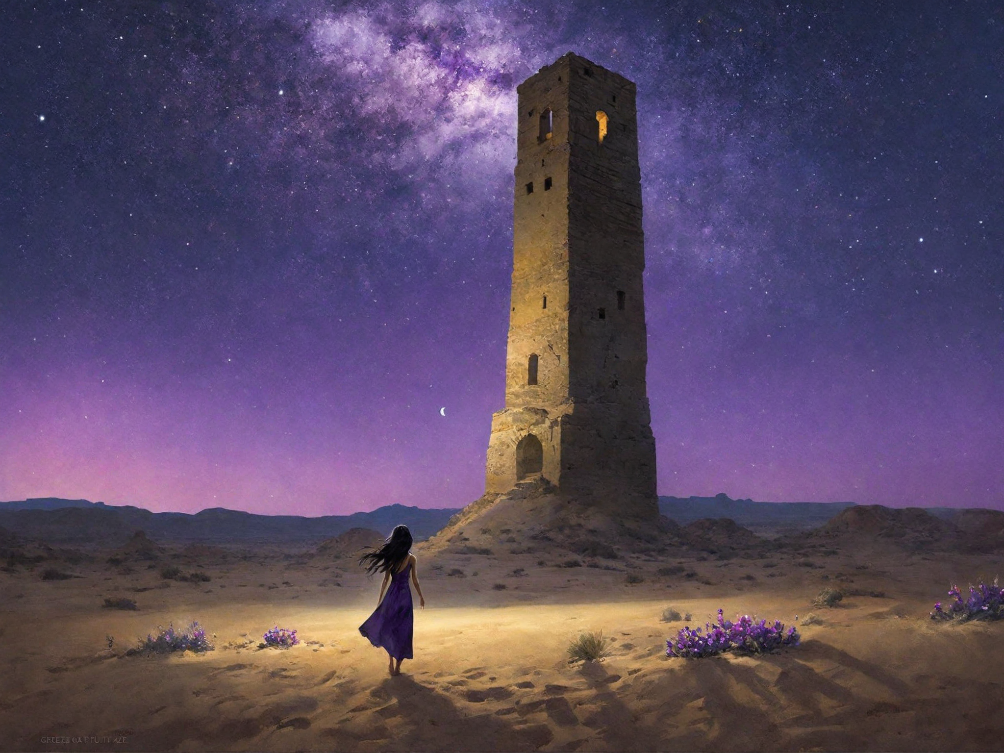by greg rutkowski, (masterpiece, best quality), flying ruins of an ancient tower, desert, outdoors, letterboxed, night, sky, cloud, black hair, moonlight, purple flower, blurry, starry sky, depth of field
