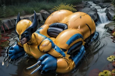 (pooltoy:0.9), floating on pond, canadian wilderness  masterpiece ,best quality, side view, full body, sideview, short, (wolverine costume), wolverine mask, butch, solo, claws superhero, breasts