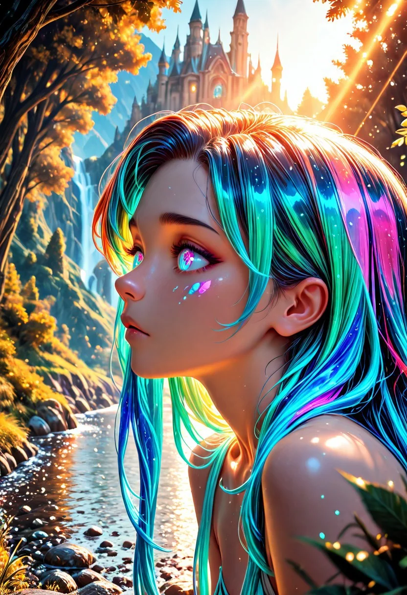 SmoothNoob_Quality, close-up, perfect eyes, goddess, nature, (sunlight), river, floating palace, beautiful and delicate water, (bloom), (shine), colorful, dynamic vivid colors, panorama, landscape, Colorful portraits, dynamic lighting, Natural atmospheric lighting, elegant,