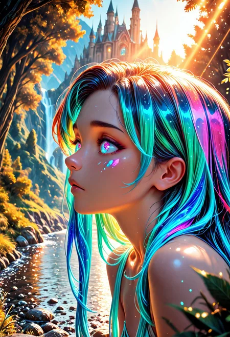 SmoothNoob_Quality, close-up, perfect eyes, goddess, nature, (sunlight), river, floating palace, beautiful and delicate water, (bloom), (shine), colorful, dynamic vivid colors, panorama, landscape, Colorful portraits, dynamic lighting, Natural atmospheric lighting, elegant,