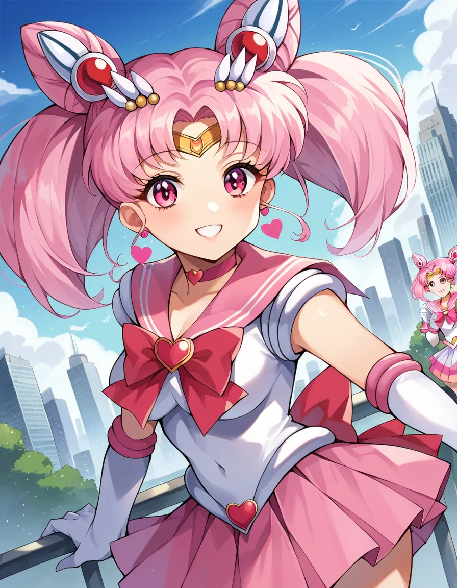 score_9, score_8_up, score_7_up, source_anime,
sailormoonchibi, <lora:sailor-moon-chibi-ponyxl-lora-nochekaiser:1>
sailor moon chibi, cone hair bun, double bun, hair bun, hair ornament, pink eyes, pink hair, short hair, twintails, circlet, parted bangs, smile,
bow, brooch, choker, earrings, elbow gloves, gloves, heart, heart brooch, magical girl, pink bow, pink choker, pink sailor collar, pink skirt, pleated skirt, sailor collar, sailor senshi uniform, skirt, stud earrings, white gloves,
outdoors, cityscape,
looking at viewer, dutch angle, cowboy shot