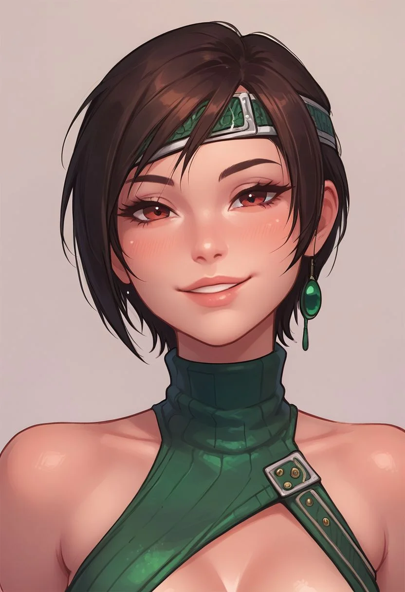 score_9, score_8_up, score_7_up, score_6_up, yuffie, turning to face viewer, head tilt, 1 girl, seductive smile, looking at viewer, sexy revealing outfit, kinky, adorable, petite, side view, looking at viewer, round face, 18 years old, cutest girl in the world