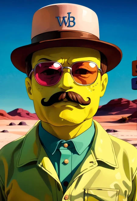 cinematic film still, saturated colors, negative space,
establishing standing shot, looking at viewer,
spongebob,
((just the face is similar to Walter White), breaking bad style, hat, moustache, sunshades, ),
closed mouth, eyes open,