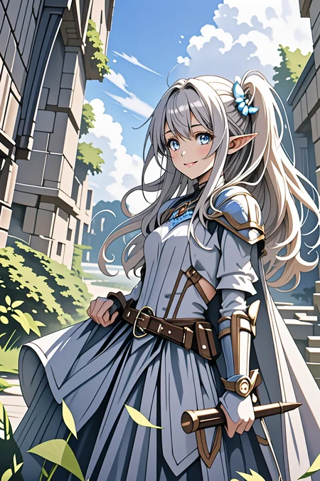 official art, fantasy, 2girls talking ,elf, adventurer's guild counter, smile <lora:LCM_LoRA_Weights_SD15:1>