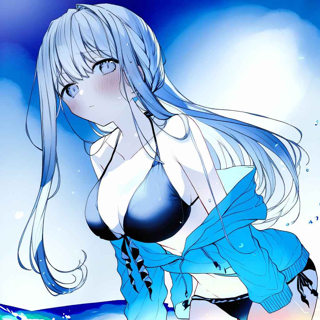 1girl, breasts, swimsuit, solo, bikini, black bikini, looking at viewer, long hair, off shoulder, grey eyes, jacket, blush, large breasts, front-tie top, bare shoulders, collarbone, side-tie bikini bottom, cleavage, front-tie bikini top, bangs, blue jacket, cowboy shot, halterneck, sidelocks, water, white hair, string bikini