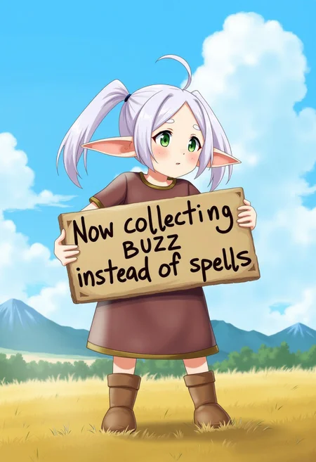 Frieren skilling on a field holding a sign that says "now collecting buzz instead of spells", blue sky, beautiful clouds, small mountain a background nereirfpnxl, frieren, elf, pointy ears, green eyes, white hair, twintails