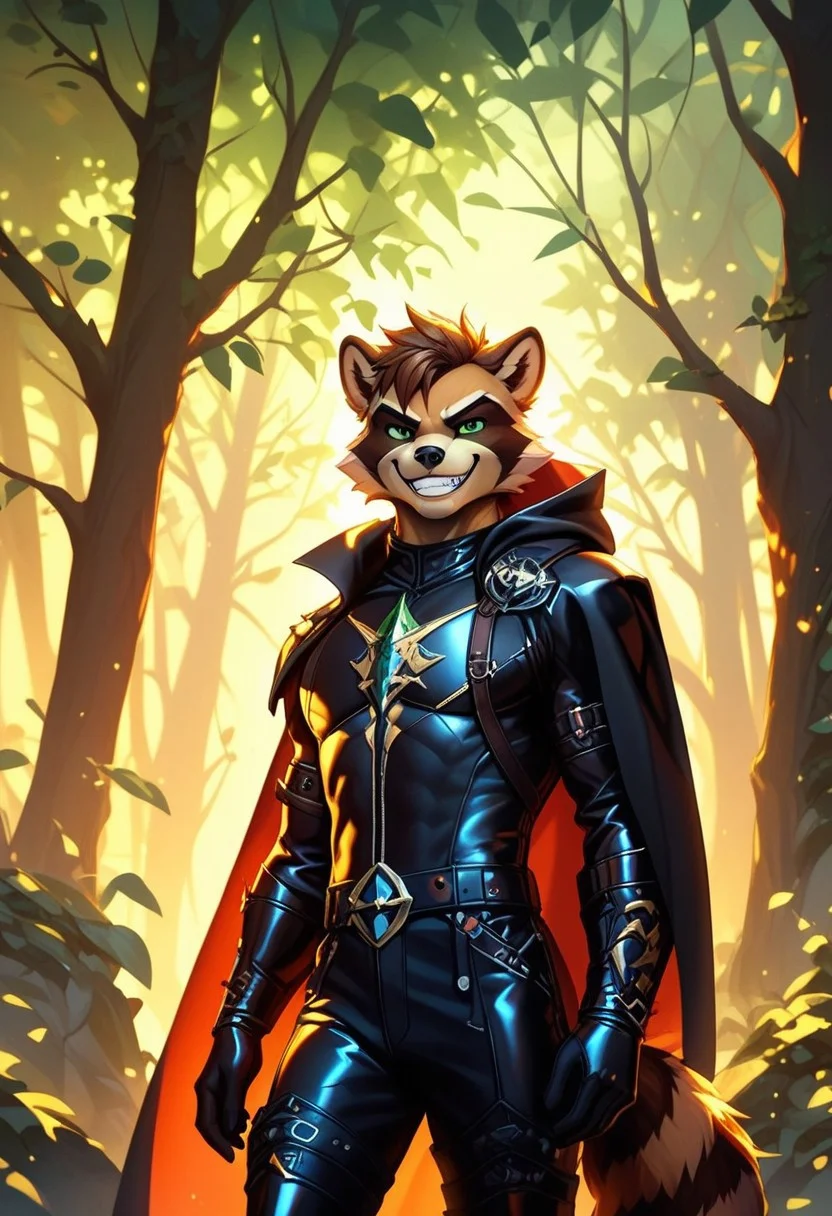 score_9, score_8_up, score_7_up,score_9, score_8_up, score_7_up, ((cowboy shot)), forest, standing, BREAK, ((High fantasy art style)), solo, male, anthro raccoon, black hooded cloak, (black leather breastplate), black leather greaves, black leather pauldrons, black leather boots, brown hair, ((detailed green eyes)), ((Masterpiece), (absurdres), (shadowy), (mysterious), ((evil grin))