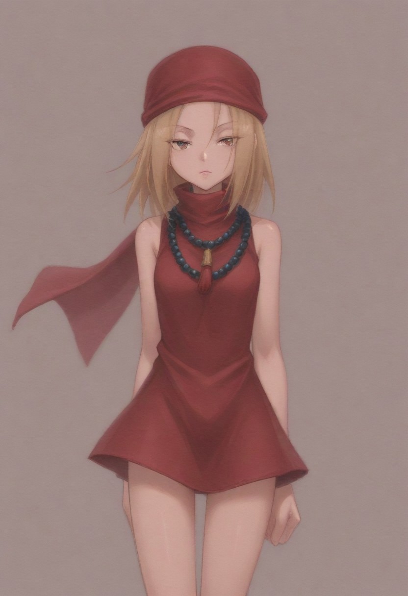 masterpiece, best quality, amazing quality,,, shiny skin,,,,,kojiann, short hair, blonde hair, brown eyes, short dress, sleeveless, bead necklace, red bandana, bracelet, <lora:Anna IXL 2-000013:1>