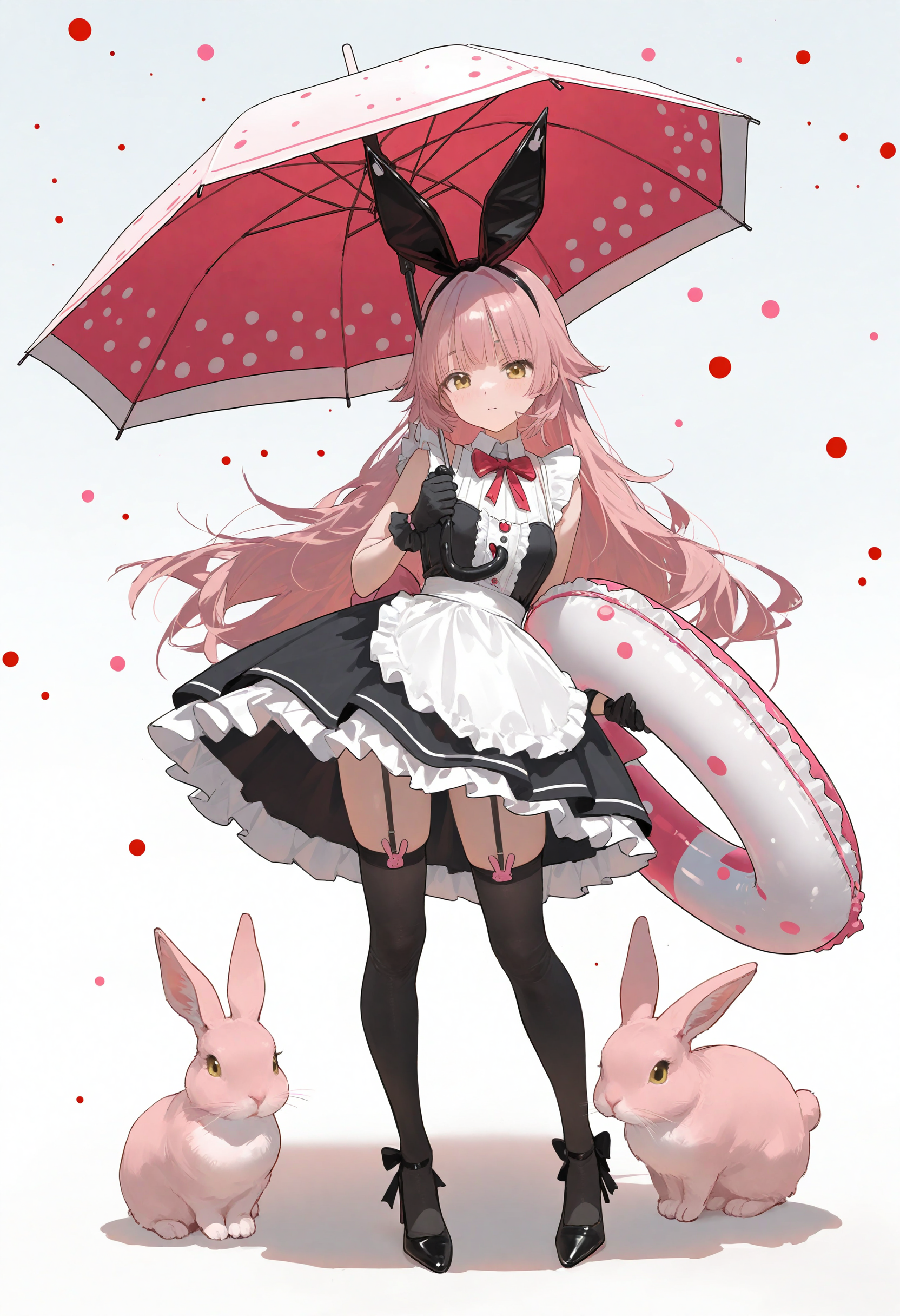 1girl,DAI \(style\),solo,looking at viewer,white background,gloves,dress,thighhighs,bow,ribbon,full body,sleeveless,black gloves,black thighhighs,high heels,umbrella,swim ring,innertube,rabbit,long hair,pink hair,yellow eyes,A young girl with long pink hair and bunny ears. she is wearing a black dress with red polka dots and a white apron.,very awa,masterpiece,best quality,amazing quality,very aesthetic,absurdres,highres,newest,year 2024,
<lora:DAI_v21_d_v17_noobaiXLNAIXLV101-000150:0.85>
