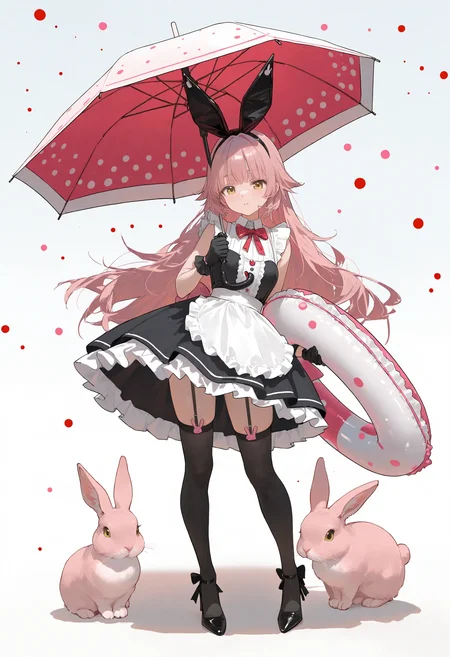 1girl,DAI \(style\),solo,looking at viewer,white background,gloves,dress,thighhighs,bow,ribbon,full body,sleeveless,black gloves,black thighhighs,high heels,umbrella,swim ring,innertube,rabbit,long hair,pink hair,yellow eyes,A young girl with long pink hair and bunny ears. she is wearing a black dress with red polka dots and a white apron.,very awa,masterpiece,best quality,amazing quality,very aesthetic,absurdres,highres,newest,year 2024,
<lora:DAI_v21_d_v17_noobaiXLNAIXLV101-000150:0.85>
