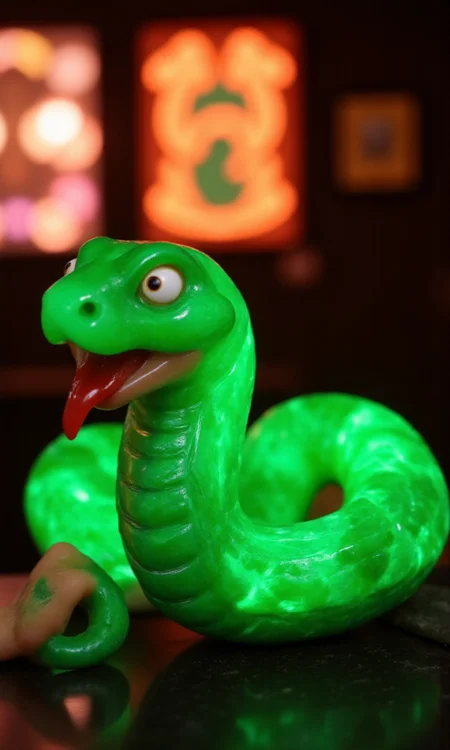 jade_snake, shebaaobao, neouv, cartoon snake made out of glowing illuminated iridescent jade ready to bite somebody on the counter of a pawn shop in New York City <lora:jadesnakeflux-000001.safetensors:1.0> <lora:shebaobao_flux_snake_Cartoon_v2.safetensors:0.3> <lora:neouv_flux_03.safetensors:1.0>