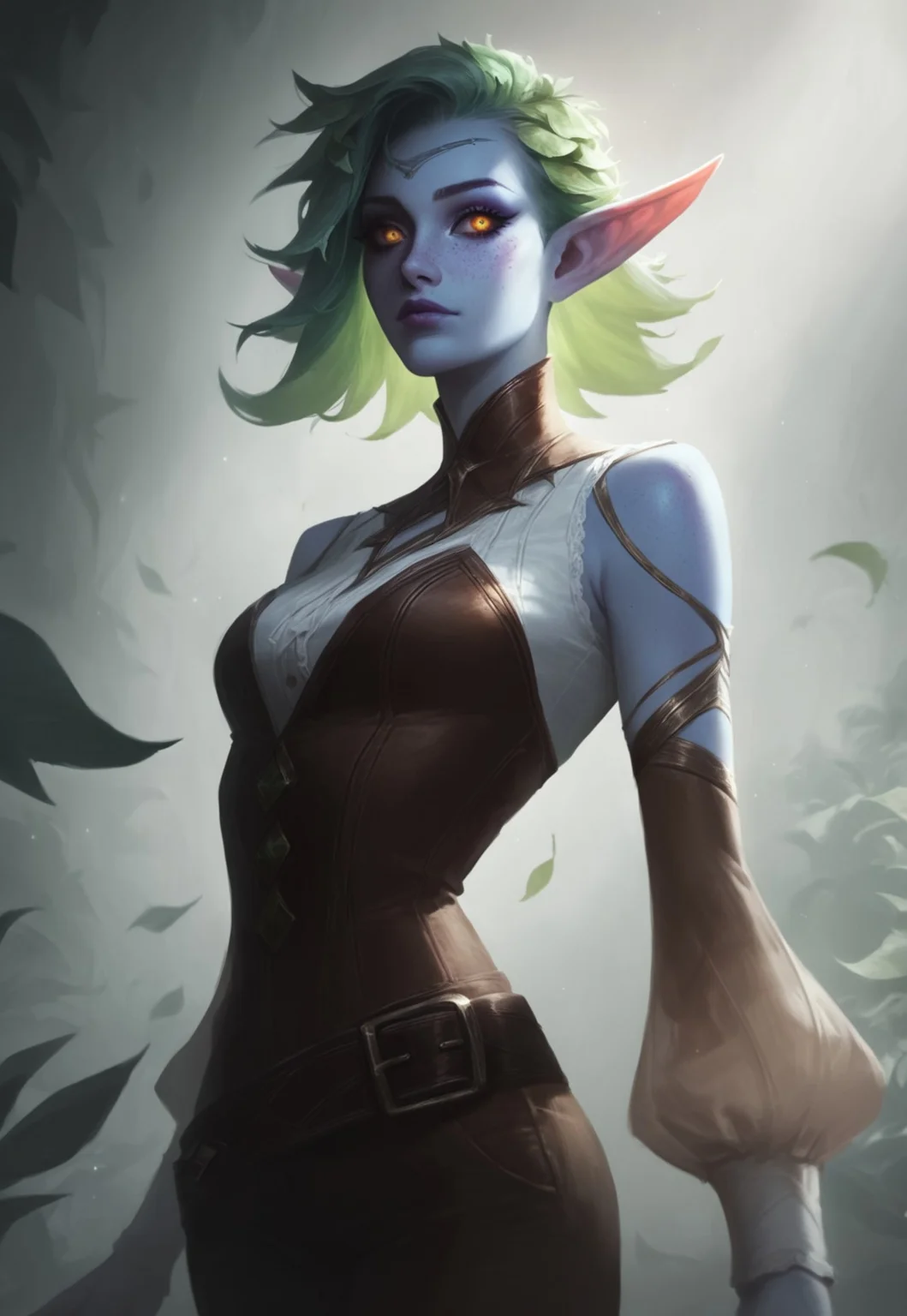 score_9, score_8_up, score_7_up, detailed_eye_model, concept art, realistic, Lol style, league of legends style, lol, league of legends, BREAK, 1woman, cowboy-shot, dramatic lights, clear eyes, sharp eyes, high quality eyes, high resolution eyes, detailed eyes, looking at viewer, eye contact, ((Elf, pointed ears, freckles on face, beautiful, detailed face, beautiful face, blue skin, horns, golden eyes, green hair, leaves in hair, leaves)), neck-length hair, loose hair, leafy hair, ((white shirt, flowy sleeves)), ((brown corset, brown leather pants)), belt,