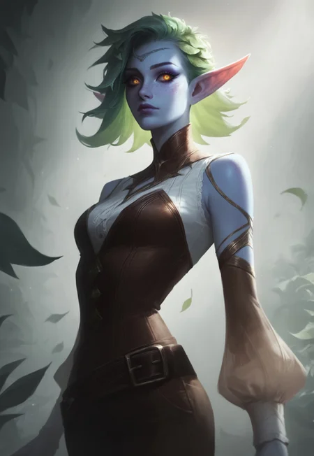 score_9, score_8_up, score_7_up, detailed_eye_model, concept art, realistic, Lol style, league of legends style, lol, league of legends, BREAK, 1woman, cowboy-shot, dramatic lights, clear eyes, sharp eyes, high quality eyes, high resolution eyes, detailed eyes, looking at viewer, eye contact, ((Elf, pointed ears, freckles on face, beautiful, detailed face, beautiful face, blue skin, horns, golden eyes, green hair, leaves in hair, leaves)), neck-length hair, loose hair, leafy hair, ((white shirt, flowy sleeves)), ((brown corset, brown leather pants)), belt,