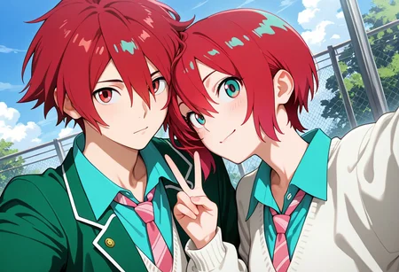 masterpiece, best quality, amazing quality, absurdres, newest, detailed background, definition so sharp, Ultra-HD, 8K cinematic, very awa, impressionate, amazing quality, highres,
duo, couple focus, different high, different size, side by side, v, selfie, upper body, day, blue sky, outdoor,
BREAK
(1boy, kagayakibishounen, takuto_red eyes, takuto,red hair, short hair, takuto_school uniform, green blazer, white collared shirt, pink tie),
BREAK
(1girl, amate yuzuriha,aqua shirt,striped necktie,white sweater,),