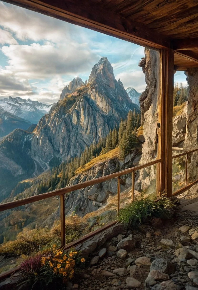 their peaks veiled in mist. mixed media, surrealism, great lighting, A surreal landscape highly detailed . extremely high-resolution details, appears trapped in an optical illusion of reflections and refractions colorful , mountain cabin built into a cliff with a brilliant porch looking out over mountains , professional photography, natural lighting, volumetric lighting maximalist. intricately detailed, complex, elegant, expansive, fantastical, film photography style, medium grain