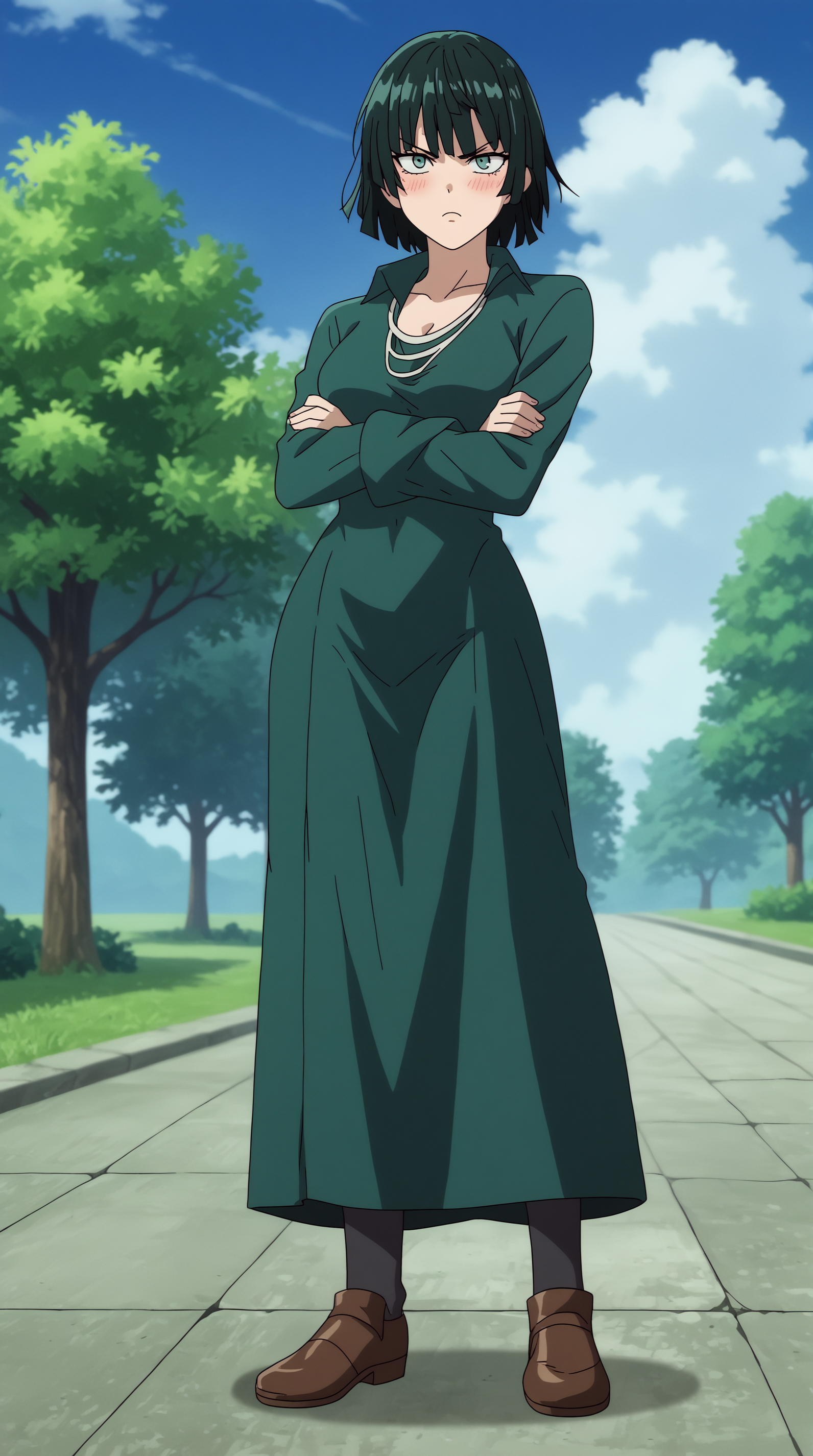 score_9, score_8_up, score_7_up,anime_source, source_anime, best background, detailed background, anime screencap, 4k, upscale,  Fubuki, Main Outfit, solo, looking at viewer, standing, full body, crossed arms, outdoors, tsundere, blush,  <lora:JN_Fubuki_Pony:0.8>
