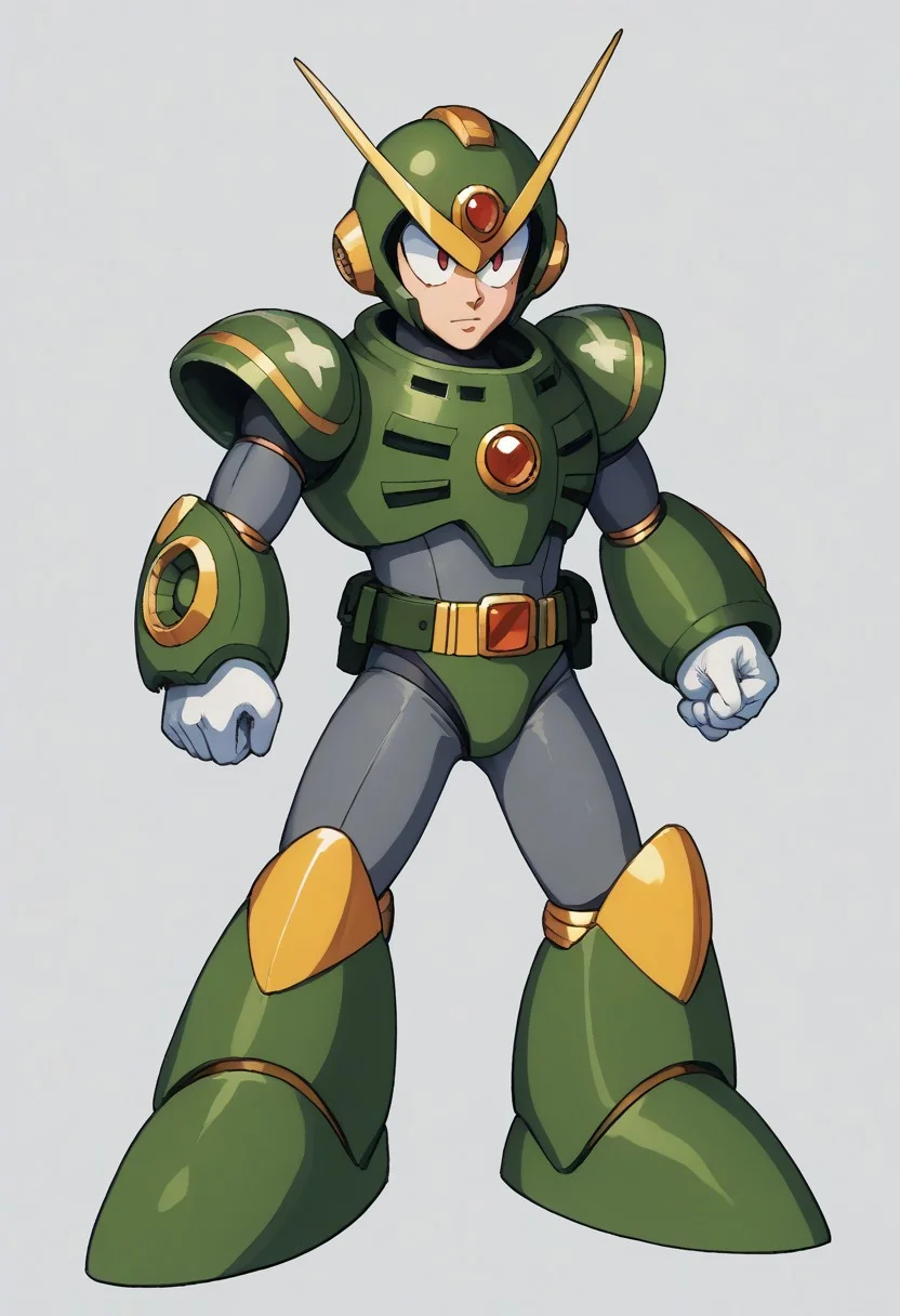 score_9, score_8_up, score_7_up, score_6_up, score_5_up, score_4_up, score_9 , score_8_up, score_7_up, source_anime, 1boy, solo, (sharp eyes), (robot master), The character in the image is a vibrant and dynamic Reploid from the Mega Man X series. This Reploid has a humanoid design with a sleek, armored body. The head is distinctively topped with a large, yellow helmet that has a cannon-like attachment on the top, adding to its combat-ready appearance. The eyes glow with an intense blue light, giving the character a sharp, focused expression. The torso is solid and compact, featuring a mix of yellow and white armor with red accents that highlight the joints and connection points. The arms are robust and mechanical, with white gloves covering the hands, which are shaped into fists, ready for action, The character's legs are heavily armored, with large, yellow shin guards that add to its sturdy and resilient look. The feet are wide and equipped with strong, metallic soles, ensuring stability and strength in movement, vibrant color palette, futuristic character concept, KEIJI INAFUNE STYLE, <lora:KEIJI INAFUNE>, 1990s style, retro artstyle, anime coloring, traditional media, cel shading, hyperdetailed, 4k, 8k, masterpiece,