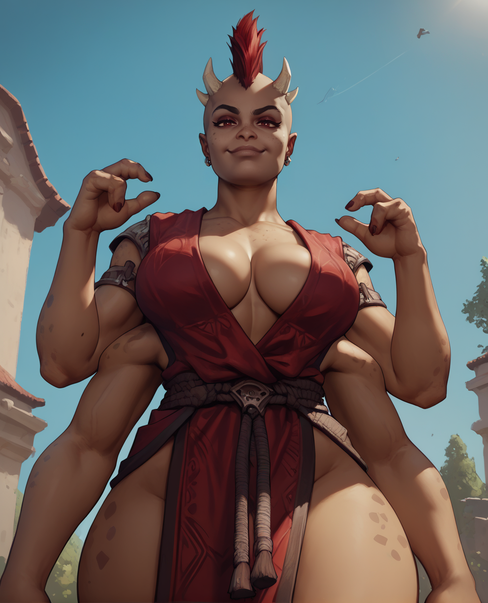 score_9,score_8_up,score_7_up,score_6_up,
Sheevaxl,small horns,red eyes,mohawk,4 arms,
red robes,cleavage,large breasts,
from below,hips,smug,
outside,
standing,<lora:Sheevamk11XL:0.8>,