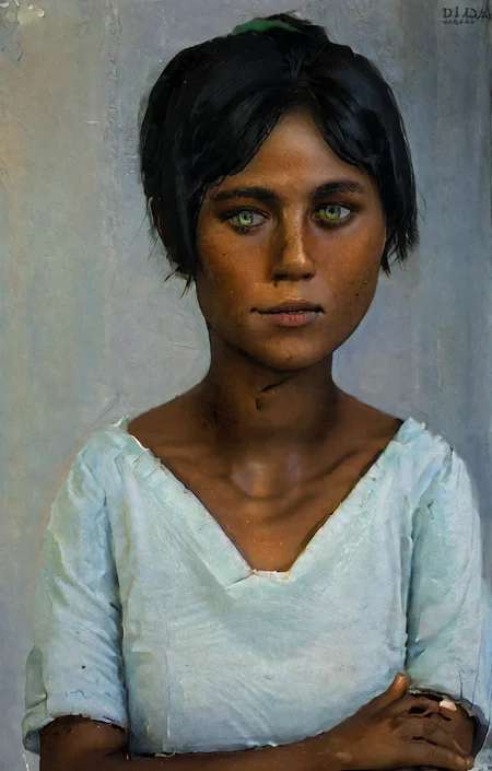 <lora:otto-dix_pony_v1:1> mughal \(style\),  ' bhadra ' by dix otto in 1932,  expressionism \(style\), portrait \(genre\)   female-portraits  <lora:bhadra-fc4:1> , dark skin, short hair, green eyes, black hair, ponytail, score_9, score_6_up, score_7_up
