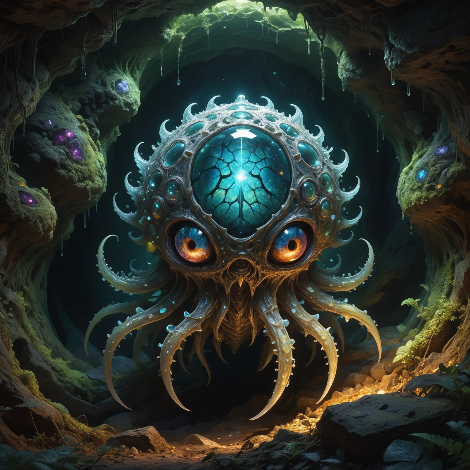 <lora:xl_more_art-full-xl:0.6>, <lora:add-detail-xl:2.0>, famous artwork (by tyler jacobson:1.2), detailed expressive eyes, fantasy style, deep in the crystalline caverns of planet zofflebob v roams a silicon-based life form, the slimy oozefruit, shown here as it is emerging from its tunnel lair in the vibrant, gemstone-studded walls of the underground crumbletide, this creature is covered in crystalline orbshnodder arranged in wondrous fractal patterns, reflecting the iridescent glow of the bioluminescent fungi around it, one should watch out for its dangerous zighty tail, ultra high detail, ultra realistic, 8k