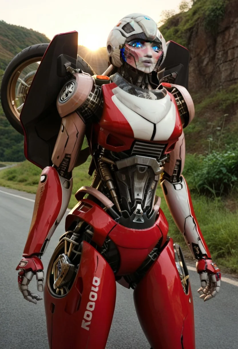 score_9, score_8_up, score_7_up, screencap, detailed eyes, ArceeROTB, autobot, 1girl, solo, red and white body, mechanical parts, robot, helmet-like head, robotic face, glowing blue optics, wheels on back, ducati printed on right leg, autobot forehead symbol, fairing-like chest, blue eyes, narrow waist, unique pose, sunny, highway, sunlight, looking up, pink visor