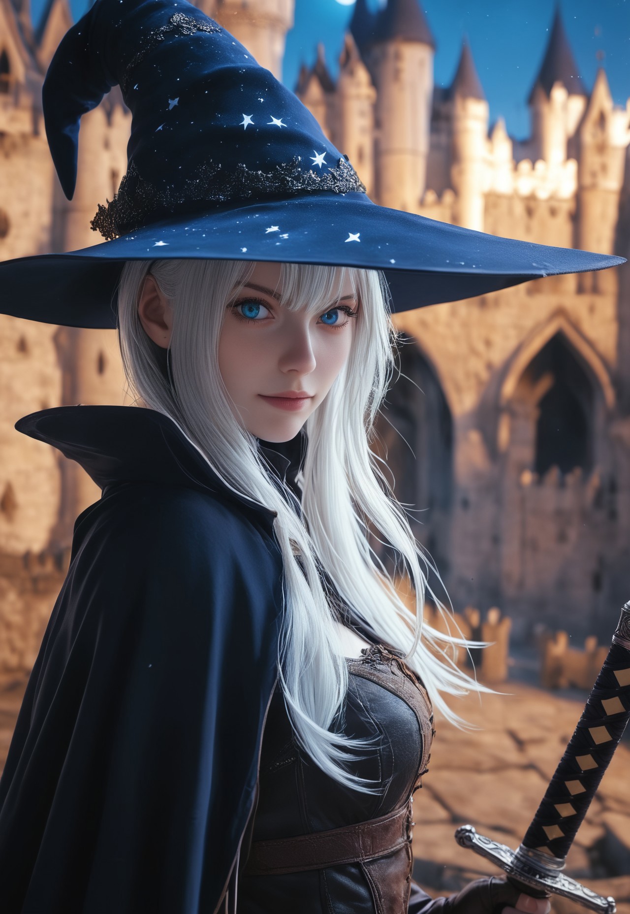 safe_pos, young woman, solo, Looking at viewer, Masterpiece a stunning female witch, (full clothed witch outfit with armor, witch hat), Blue eyes, long bob white hair with bangs, Dynamic action pose, modest smile
(Holding a huge sword:1.5)
Background: (castle, night sky: 1.9)
score_9, score_8_up, score_7_up, score_6_up, source_cartoon, rating_explicit, Expressiveh, (((((upper body))))), dynamic pose
 <lora:Dynamic Poses:1>
 <lora:detailed_notrigger:1>
(((full clothed)))