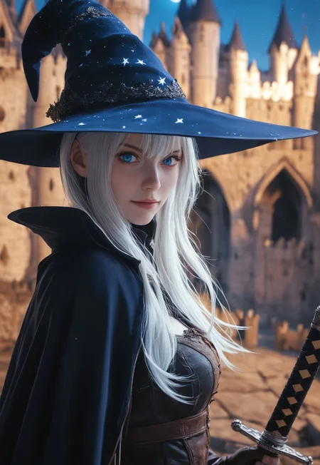 safe_pos, young woman, solo, Looking at viewer, Masterpiece a stunning female witch, (full clothed witch outfit with armor, witch hat), Blue eyes, long bob white hair with bangs, Dynamic action pose, modest smile
(Holding a huge sword:1.5)
Background: (castle, night sky: 1.9)
score_9, score_8_up, score_7_up, score_6_up, source_cartoon, rating_explicit, Expressiveh, (((((upper body))))), dynamic pose
<lora:Dynamic Poses:1>
<lora:detailed_notrigger:1>
(((full clothed)))