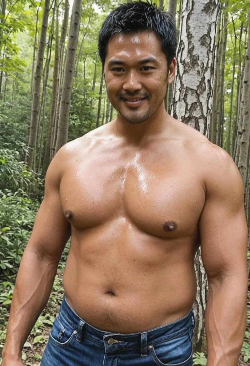 Anime, quality,high quality,masterpiece,extremely detailed,correct anatomy,best aesthetic, detailed face, (1man),  (grk_nozomu:1.3), (East Asian Face:1.3), (short hair, black hair, large pectorals, tanned skin, big taller_male, steamy, sweaty body, smirk), (puffy nipples:1.4), (,hairy armpits, looking at viewer, blue jeans), (lower angle,), in forest,