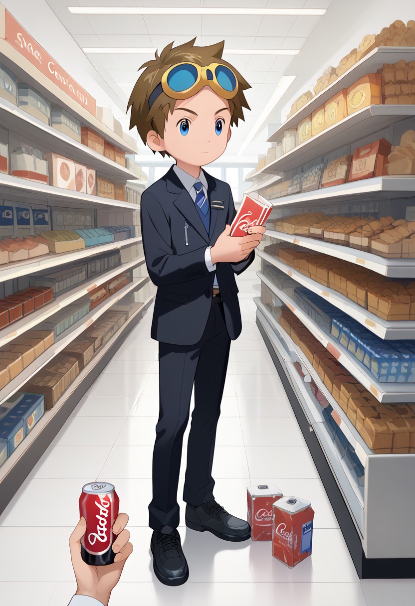 score_9, score_8_up, score_7_up, zPDXL2, 
,full body
1boy, solo, goggles on head, brown hair, 
Barbershop,black suit,holding money ,buying cola and multiple cookie box, convenience store,counters