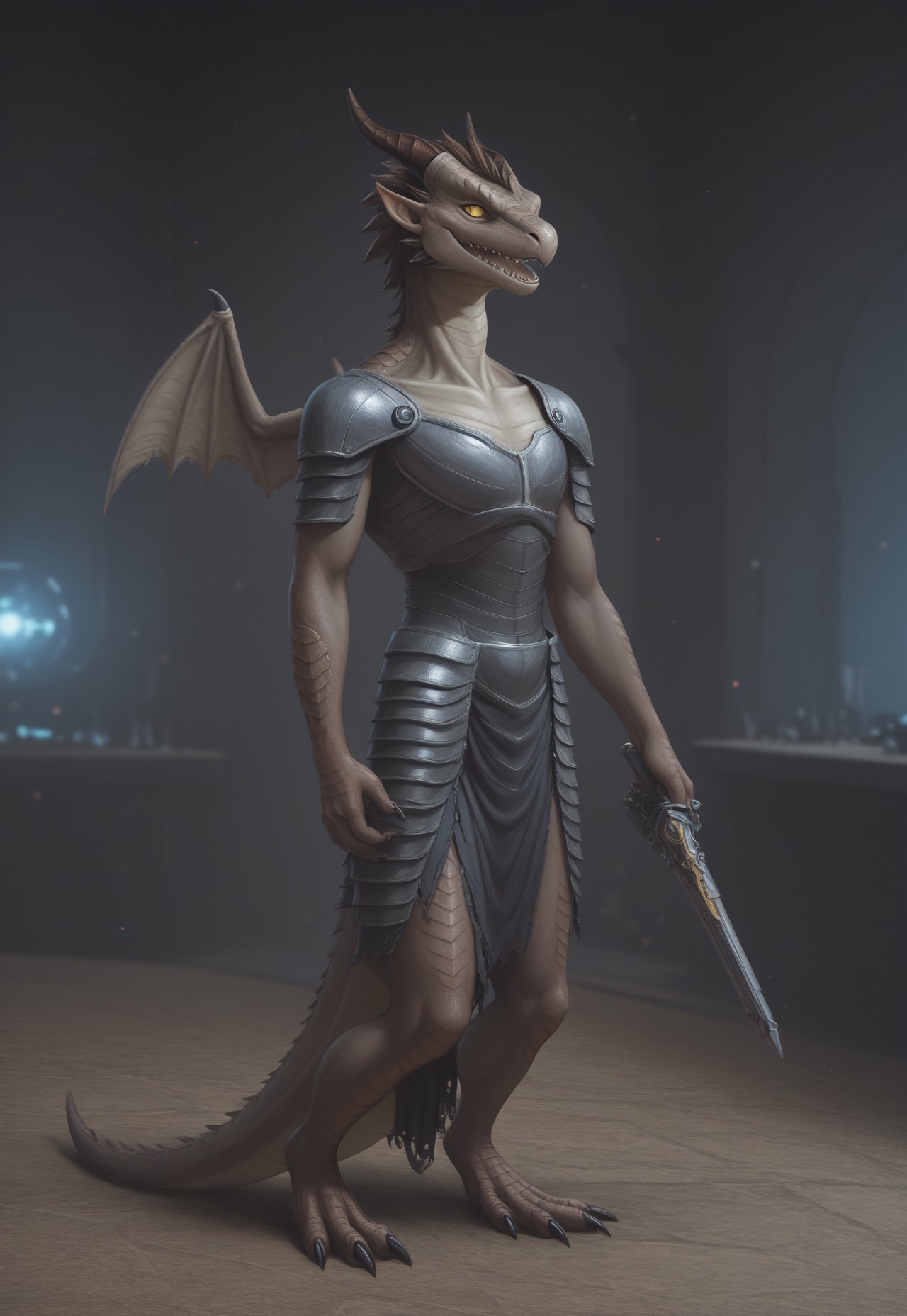 score_9, score_8_up, score_7_up, score_6_up morph-aurora, no humans,(masterpiece, best quality, very aesthetic, newest, 2024), photorealism, photorealistic, hi res, blurry background, detailes scales,  dutch angle, dragon0id_d4rk_s0uls, scalie, solo, tail, furry, horns, rib cage, 1boy, sharp teeth, male focus, furry male, no humans, claws, yellow eyes, colored sclera, dragonoid wings, smug, open mouth, sharp teeth, holding weapon, armor dress,  flirty expression, seductive glance,  sci-fi, laboratory, futuristic, looking at viewer, inside strange tech temple, steampunk vibe, fading aurora light around the temple, bokeh, matte_color, flat color,