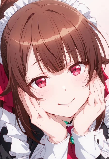 (masterpiece, best quality, newest, absurdres, highres),(anime coloring), amagi_ilxl, 1girl, brown hair, very long hair, red eyes, ponytail, closeup, maid clothes, closeup, upperbody only, hands on cheeks, shy smile, satisfied, blissful, headtilt, looking at viewer, plain background, gradient background, cute colors,