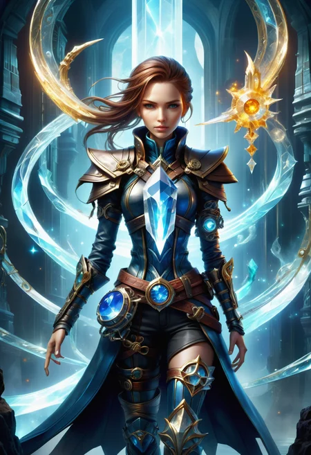 hyper detailed masterpiece, dynamic, awesome quality, a female technomancer summoning nautical crystal DonMM4g1cXL magic,  <lora:DonMM4g1cXL-000008:0.8>