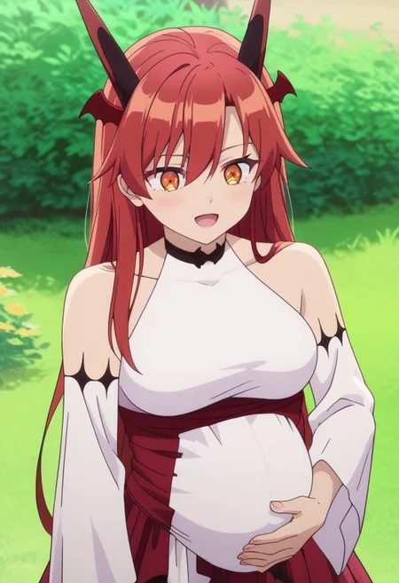 score_9, score_8_up, score_7_up, best quality, masterpiece, 4k, perfect lighting, very aesthetic, anime, anime coloring, official art, anime screencap,
OverallDetail, fFaceDetail
, happy, hand on belly, 
taniav2, red hair, long hair, horns, dragon horns, orange eyes, hair between eyes, dragon girl, head wings, dragon tail, 
bare shoulders, long sleeves, detached sleeves, white sleeves, collarbone, white shirt, red skirt, dress, wide sleeves, choker, black thighhighs, leotard under clothes,
BREAK<lora:Pregnant Bump:1>, large pregnant belly,