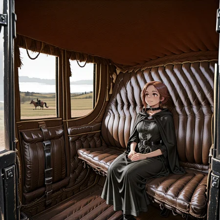 melkor_style, cartoon, fantasy, medieval,
1 young woman with red-brown hair, wearing a dark green medieval dress, black cloak, and black collar,
interior, horse drawn carriage, historic_coach, black leather seat, padded walls, scenery outside the windows,
