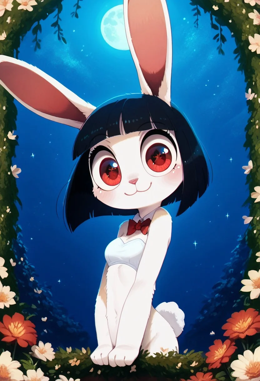 score_9, score_8_up, score_7_up, score_6_up, innocent and alluring, masterpiece, best quality, 1girl, 21 year old, (cute, anthro, female, bunny , thin body, detailed face, beautiful detailed eyes, red eyes, bunny tail, white fur, round head, big eyes, bunny ears, black hair, bob cut), (wearing a (red long dress with sparkles), night time, in garden, flowers, full moon, beautiful, starry sky, looking at viewer, happy, smile), (solo)