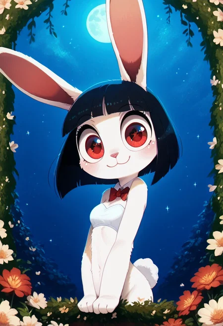 score_9, score_8_up, score_7_up, score_6_up, innocent and alluring, masterpiece, best quality, 1girl, 21 year old, (cute, anthro, female, bunny , thin body, detailed face, beautiful detailed eyes, red eyes, bunny tail, white fur, round head, big eyes, bunny ears, black hair, bob cut), (wearing a (red long dress with sparkles), night time, in garden, flowers, full moon, beautiful, starry sky, looking at viewer, happy, smile), (solo)