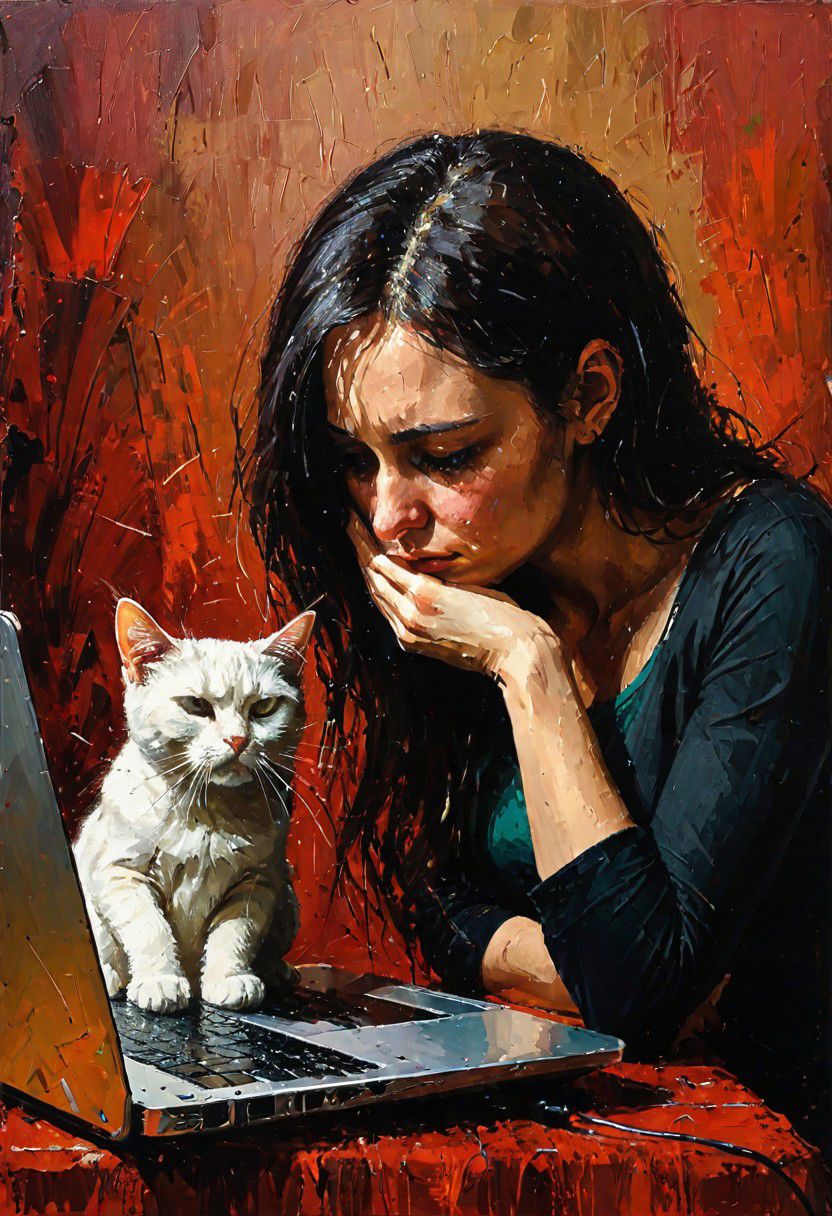Photo. Profile of a woman and her cat, facepalm, looking at her laptop.  Her cat is looking too.