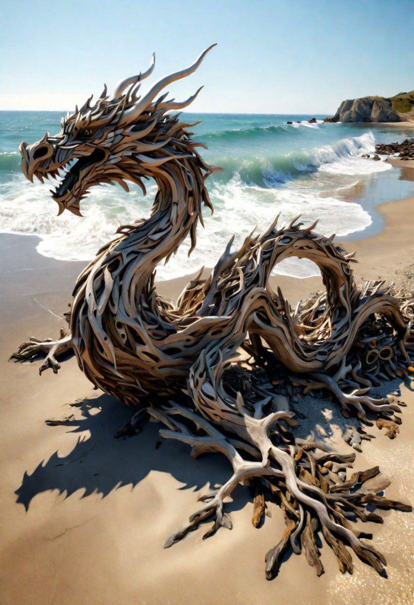 (drift wood washes up on the shore, all the tiny parts of drift wood form together to create a perfect  shape of a large dragon lying on the shore), abstract, 3d render, strong, insanely intricate details, (masterpiece), breathtaking natures art work