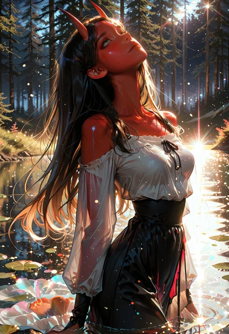 masterpiece, best quality, good quality, newest, highres, absurdres, volumetric lighting,gradient color, uncensored,
BREAK
raytracing, volumetric lighting, ambient occlusion, 1girl, background, masterpiece, best quality, very awa, absurdres, model style, stylist,
BREAK
ambient occlusion, raytracing, soft lighting, blum effect, masterpiece, absolutely eye-catching, particles, glow, shining, intricate cinematic background, (beautiful face),
BREAK
ultra realistic, masterpiece, high detailed skin, best quality, high res, very aesthetic, absurdres, anime style, studio anime, source_ecchi, anime, ((ecchi)), ((nsfw)), (finely detailed face), (petite body:1.3),
BREAK
masterpiece,amazing quality,best quality,ultra-detailed,8K,illustration,CG,shiny hair,clear skin,ultra-detailed-eyes, detailed background,cute woman, eyelashes
BREAK
(sexy, slutty, hot, aroused)
Aka-Oni, oni, colored skin, red skin, straight horns,
BREAK
(hair shader:0.3), floating hair, dark blonde, blouse, collarbone, long hair, night sky, medium breasts, long skirt, glowing red inner skirt, bridal gauntlets, extreme arched back, facing up, toeless legwear, chromatic aberration, lens flare, light rays, afloat, lake, forest, evening, sunset, from side, light and shadow contrast, chiaroscuro, volumetric lighting, dappled light,
<lora:DetailedEyes_V3:1> <lora:USNR_STYLE_ILL_V1_lokr3:0.45> usnr <lora:ponyv6_noobV1_2_adamW:0.9> <lora:GENESIS_MK0.2:0.5> <lora:KoreanStyleSDXLvpred10:1> AiKoreanStyle, lips, korean, asian <lora:KRGRL-IL:1>