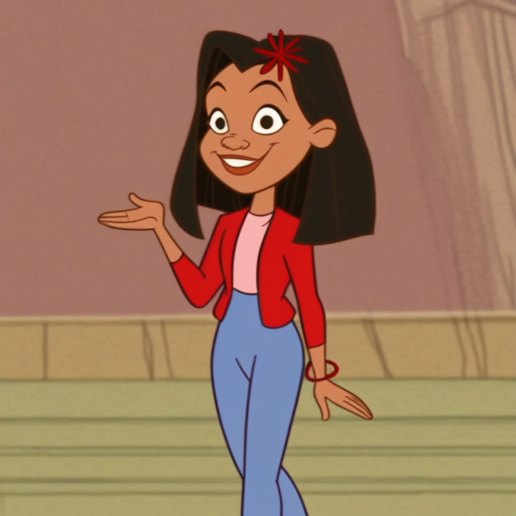 blue shoes, red flower, brown eyes, pink shirt, dark skin, flower in hair, brown hair, red bracelet, blue jeans, red sweater