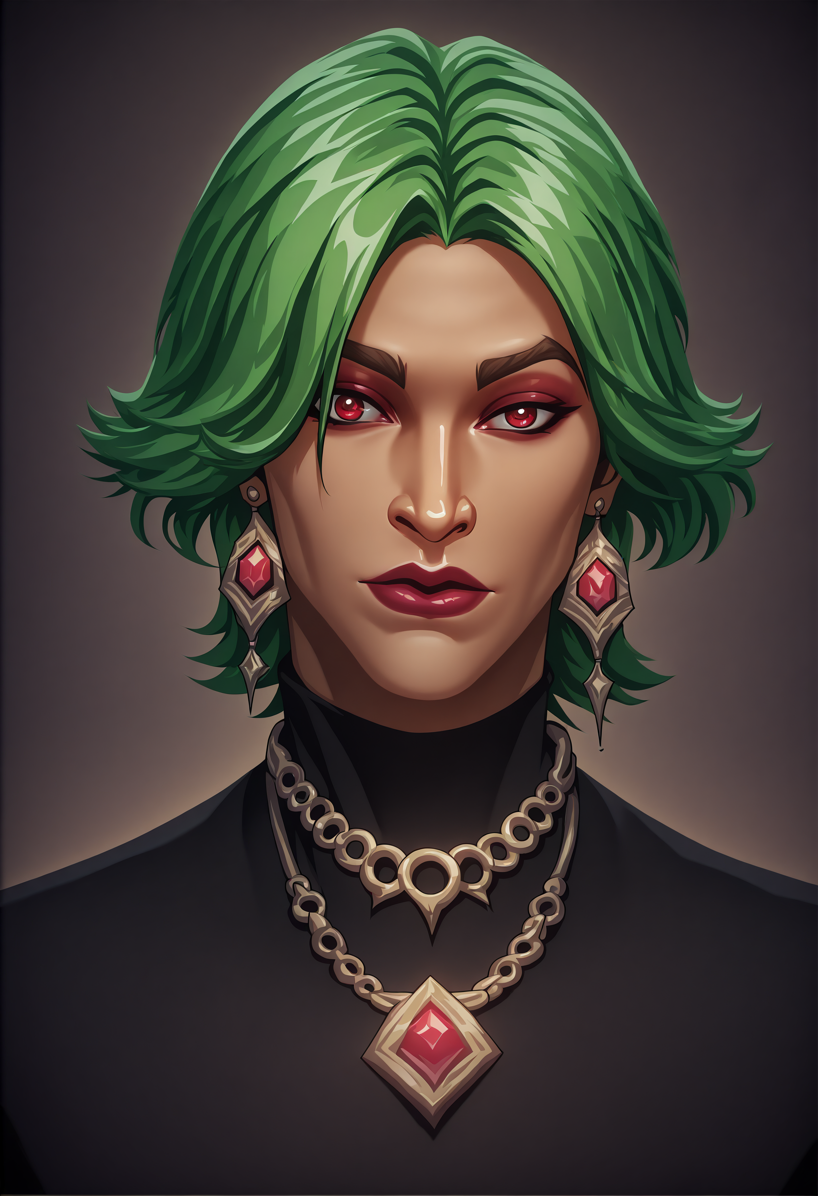 (masterpiece, best quality, highres, 8k, extremely detailed, absurdres), hrstlxks style, solo, looking at viewer, short hair, bangs, red eyes, 1boy, jewelry, male focus, earrings, green hair, necklace, makeup, lipstick, portrait <lora:Heartsteel_PARANOIA_Illustrious_XL:1>
