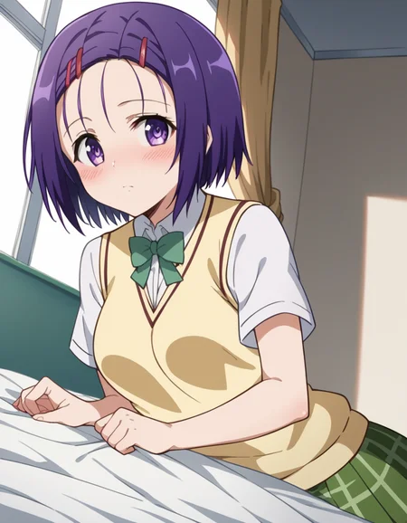 score_9, score_8_up, score_7_up, source_anime,
harunasairenji, <lora:haruna-sairenji-darkness-ponyxl-lora-nochekaiser:1>,
haruna sairenji, hair ornament, hairclip, purple eyes, purple hair, short hair, swept bangs, forehead,
green skirt, plaid, plaid skirt, sainan high school uniform, school uniform, skirt, sweater vest, yellow sweater, short sleeves,
indoors, bed, bed room, on side, blush, drunk,
looking at viewer, cowboy shot, dutch angle, solo,