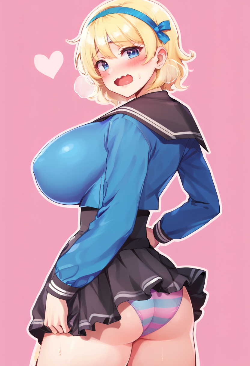 score_9, score_7_up,  1girl, 
solo, huge breasts, wide hips, thick thighs, microskirt, open mouth, ass, from behind, striped clothes, taut clothes, headband, wavy mouth, heart background, blonde hair, long sleeves, short hair, thighs, sailor collar, blue eyes, breasts, cowboy shot, crop top, blush, covered nipples, high-waist skirt, heart, pink background, skirt, striped panties, panties, curvy, underwear, sweatdrop
 <lora:deadnoodles-Style-PonyXL-GLoRA-000049:1>