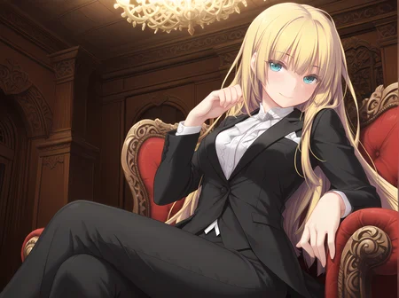 agnes,formal clothes,blonde hair,aqua eyes,<lora:Agnes_-_Sankai_Ou_no_Yubiwa_Illustrious:1.1>,sitting,indoors,looking at viewer,smile,cowboy shot,, masterpiece,best quality,amazing quality,
