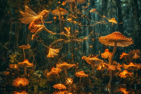 Close up photo of a ((fairy)) gliding over mushroom, reflections in the water, night scene. In the style of double exposure, Art Nouveau, long exposure, layered lines, chiaroscuro, absurdres, Long_Exposure ral-exposure, <lora:ral-exposure-sdxl:0.700000>