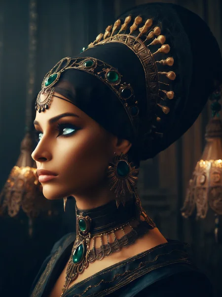 extreme closeup, from above, egyptian woman, (dark room:1.5) backdrop, (dark theme, low key, dark moody lighting, low brightness, low light:6.0), high contrast shadows, green eyes, delicate filigree hood, (looking down:1.1), front view, black background,  <lora:GeorgianStyleLocal:1> GeorgianStyle